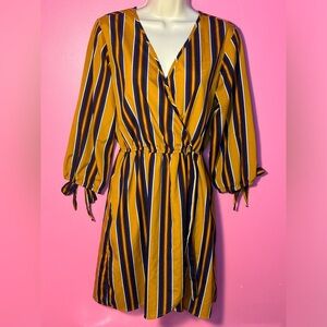 NWOT Striped Wrap Dress - Tie-Sleeve - Mustard - Size Medium